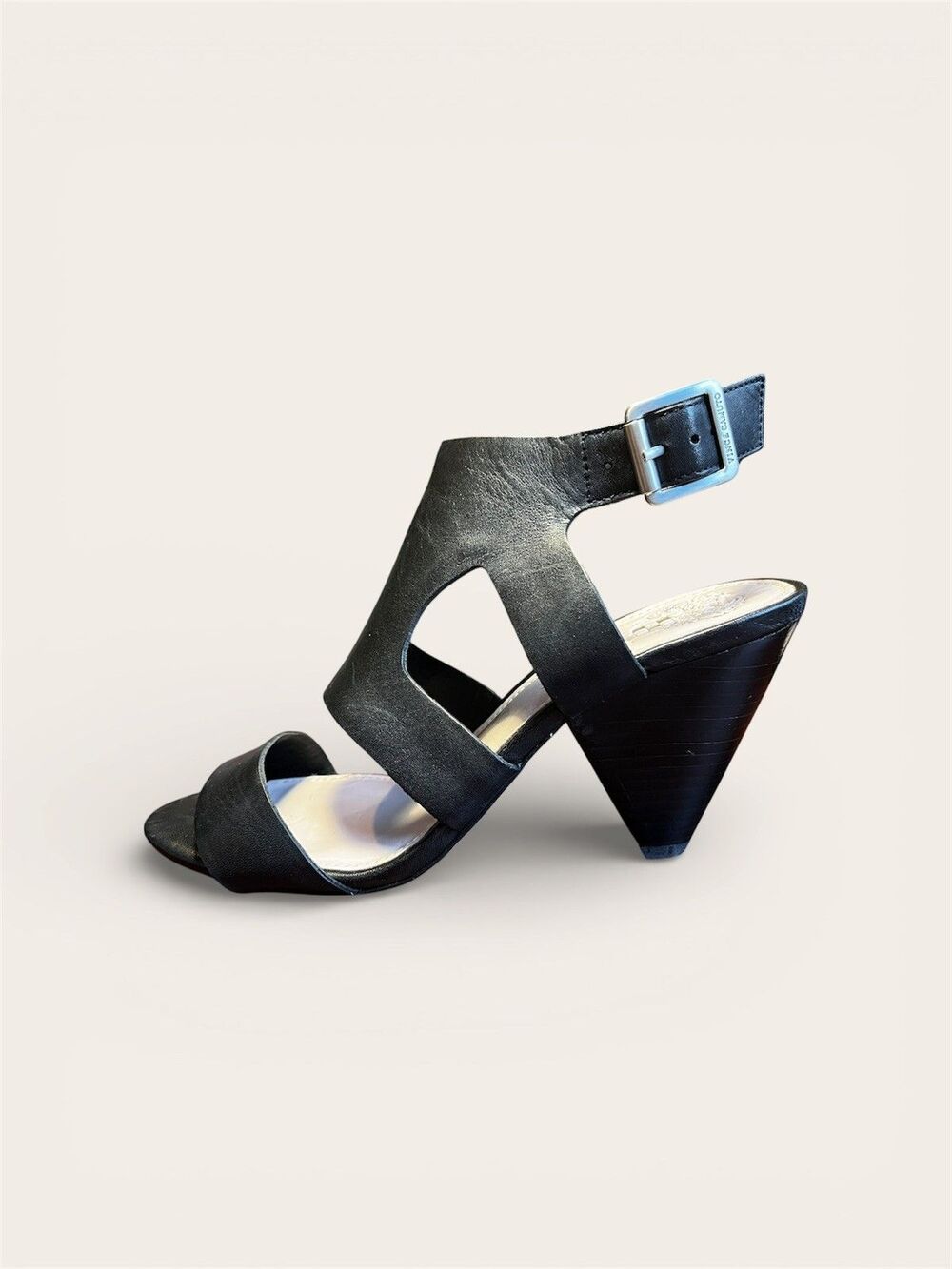Vince Camuto  Black Leather Cone Heel Sandals Size 7 Date night Special Event